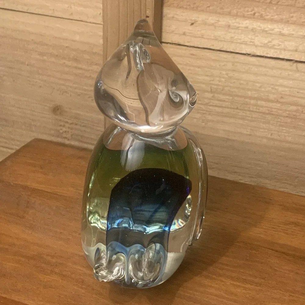 Pier‎ 1 Art Glass Cat Kitten Figurine w Clear Blue Green Hand-blown Paperweight